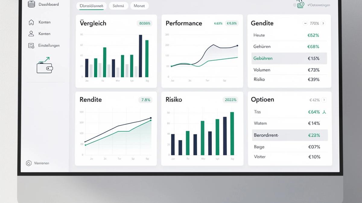 Abstrakte Darstellung eines Vergleichs-Dashboards für Trading, Investing und Krypto-Wallets